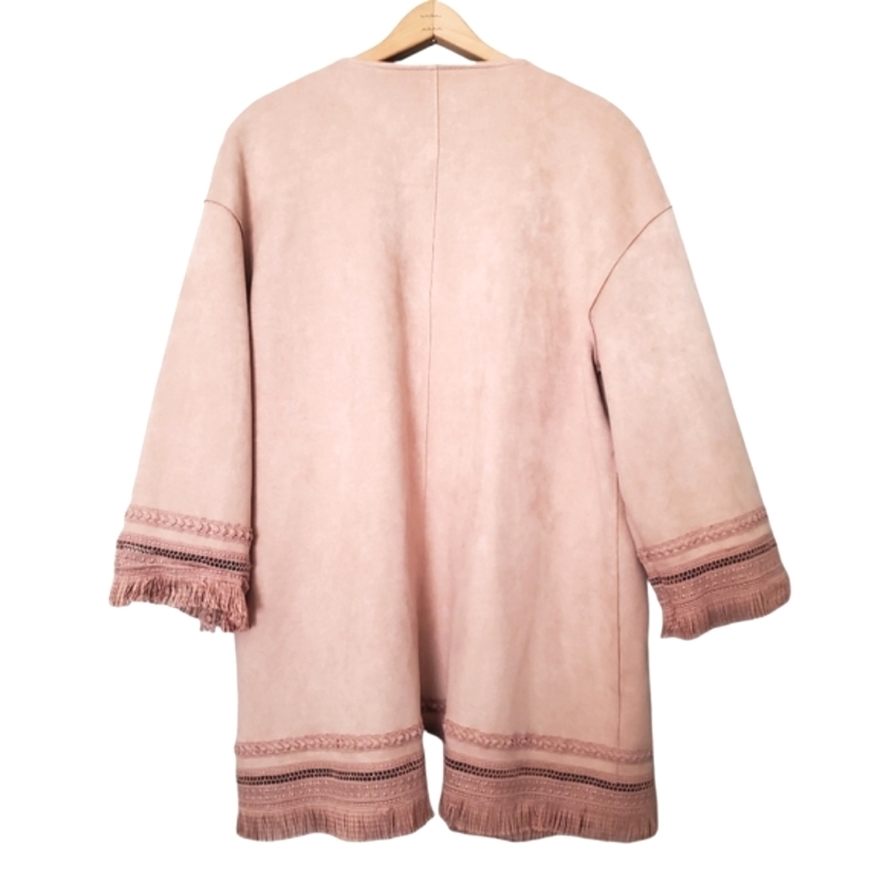 Women's Zara Jacket Faux Suede Fringe 3/4 Sleeves Light Dusty Pink Rose Medium M - Picture 5 of 16